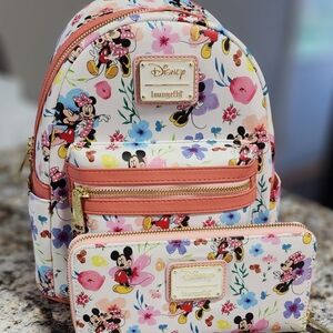 Loungefly Mickey&Minnie Floral Print Disney Mini Backpack and Wallet Set NWT
